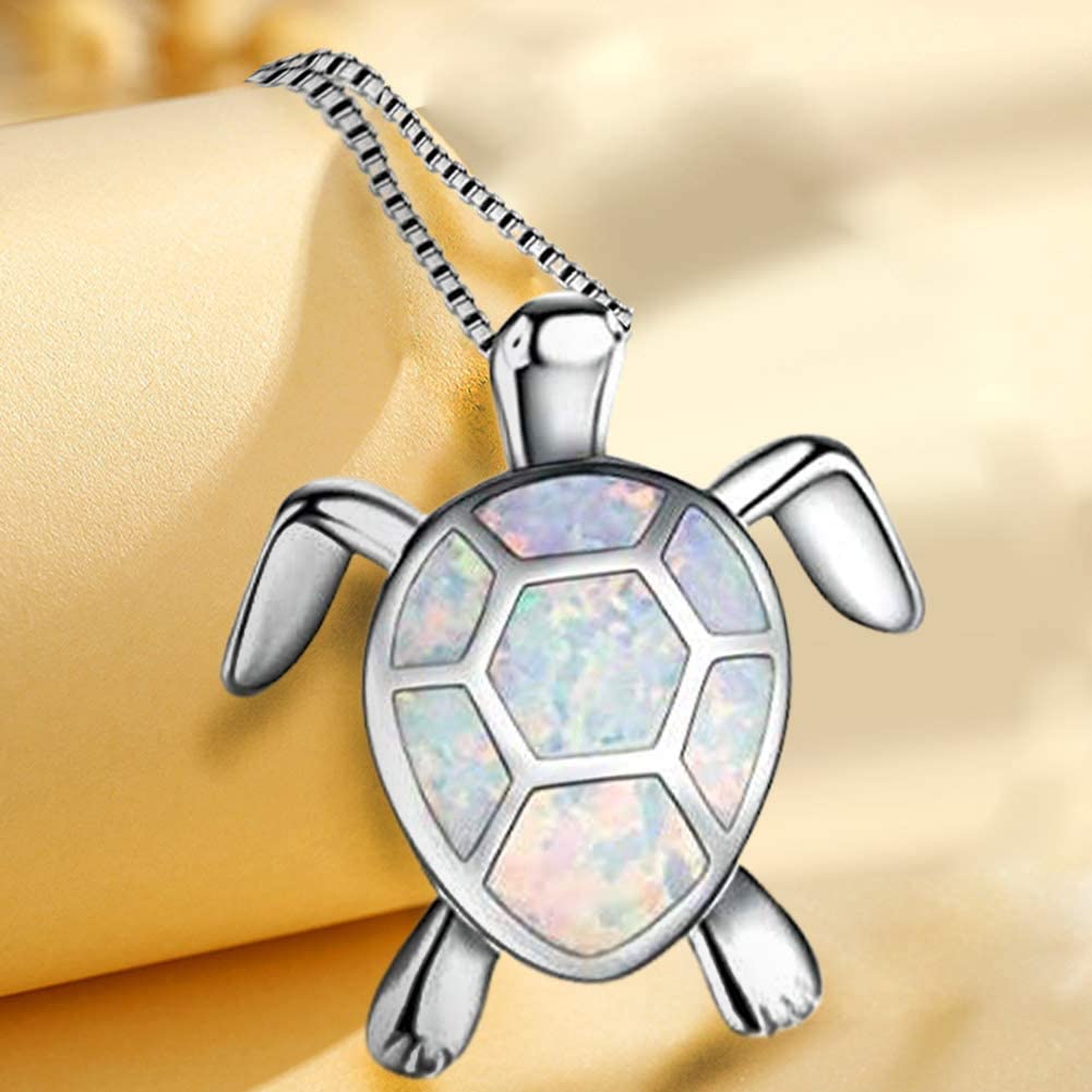 Hithop Cute Turtle Pendant Necklace Lovely Animals White Fire Opal Plated Silver Necklace Jewellery Gifts - Image 4